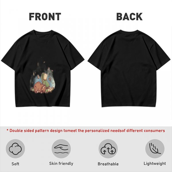 Olive green t-shirt with whimsical elf and dog artwork