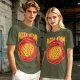 Olive green graphic t-shirt with pizza atom design