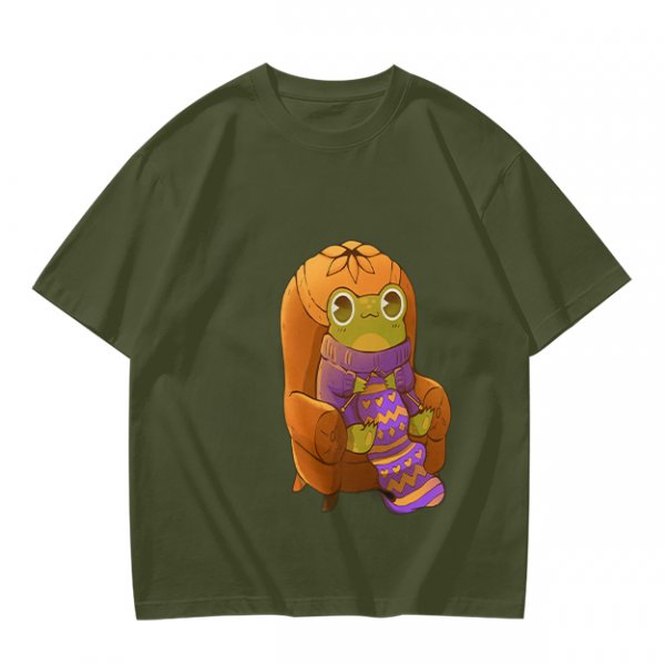 Olive Green T-Shirt with Cozy Frog in Pumpkin Hat Graphic
