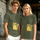 Olive Green T-Shirt With Surprised Yellow Tabby Cat Graphic