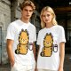 Olive T-Shirt With Grumpy Orange Cat Holding Hot Coffee Print