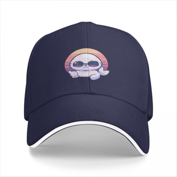 Black Baseball Cap With Cool Sunglasses Seal Sunset Graphic