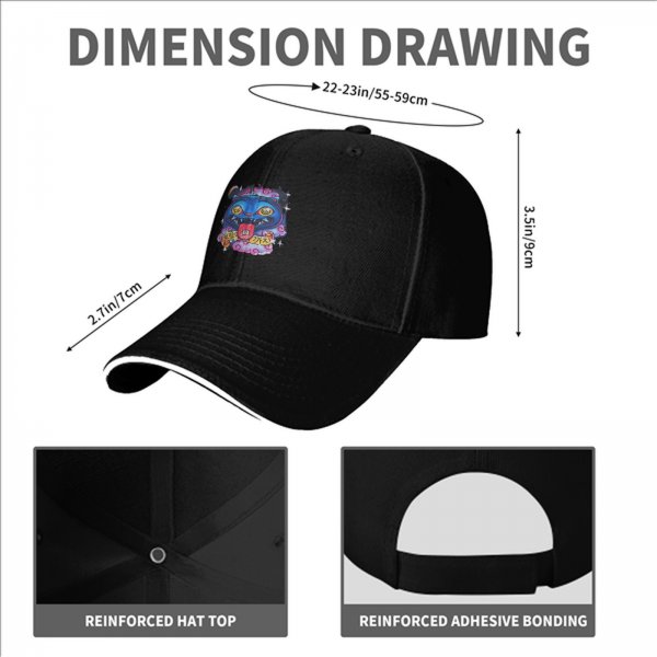 Black baseball cap with psychedelic blue cat graphic design