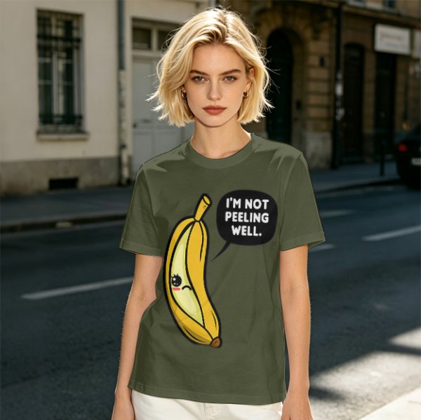 Olive T-shirt with sad banana graphic reading I'm not peeling well