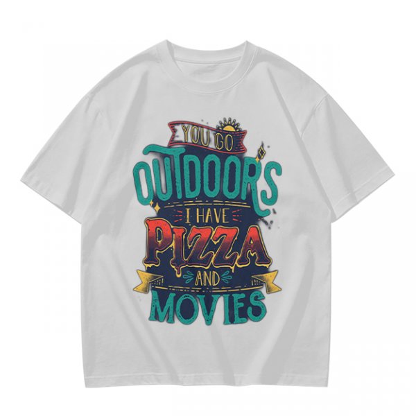 Olive Graphic T-Shirt With 'You Go Outdoors I Have Pizza And Movies' Print