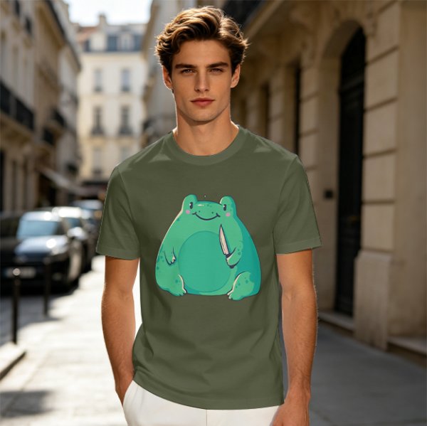 Olive Green T-Shirt With Cute Frog Holding Knife Graphic