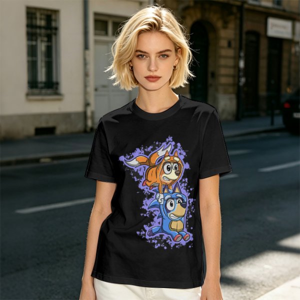 Olive green t-shirt with cartoon characters in cosplay graphic
