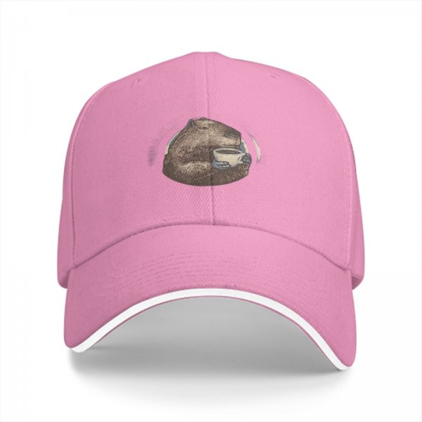 Black baseball cap with capybara holding coffee cup print