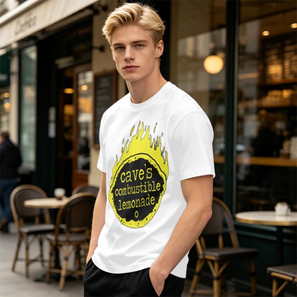 Olive t-shirt with cave's combustible lemonade flame graphic