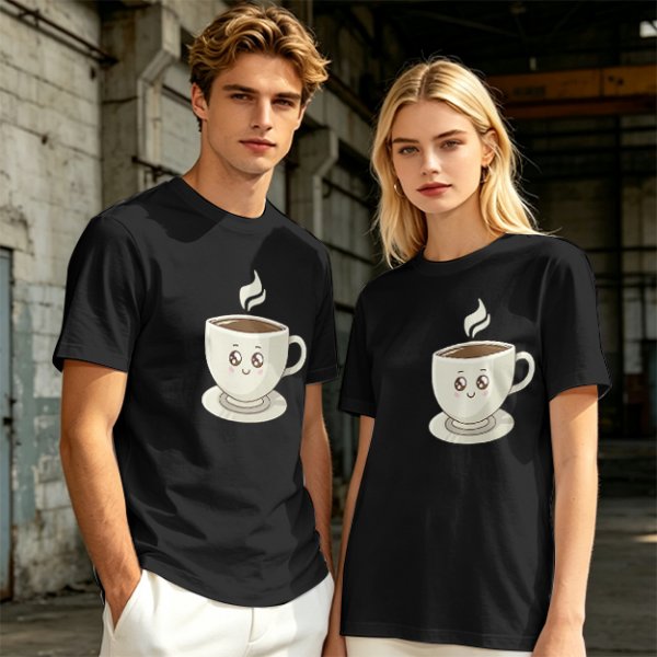 Olive Green T-Shirt With Cute Smiling Steaming Coffee Cup Print