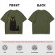 Olive Green T-Shirt With Surprised Black Cat Graphic Print