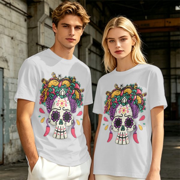 Olive T-Shirt with Day of the Dead Sugar Skull and Taco Food Art