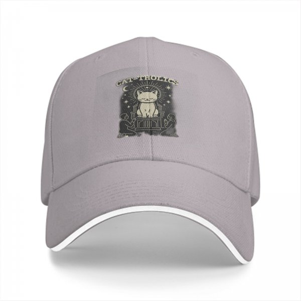 Black baseball cap with cat-tholics religious parody graphic print