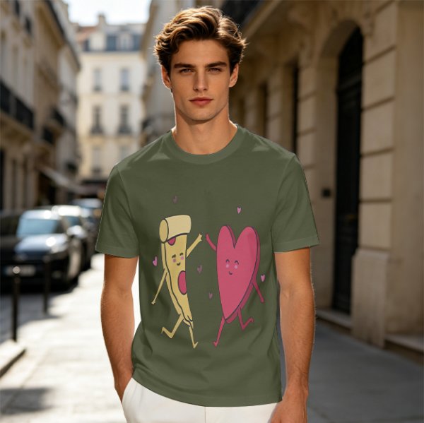 Olive T-Shirt with Dancing Pizza Slice and Heart Graphic
