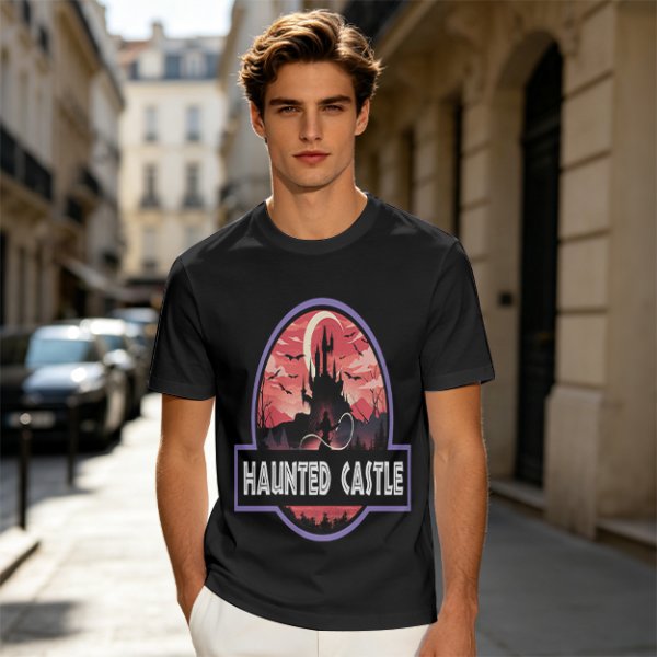 Olive T-Shirt with Haunted Castle Silhouette Graphic Design