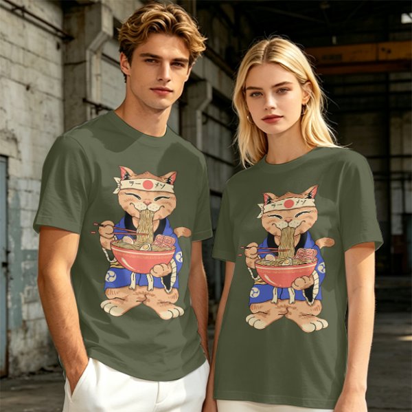 Olive T-Shirt Featuring a Cat in a Headband Eating Ramen
