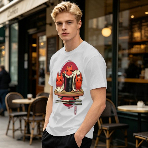 Olive t-shirt with cute cat sushi characters on a wooden platter