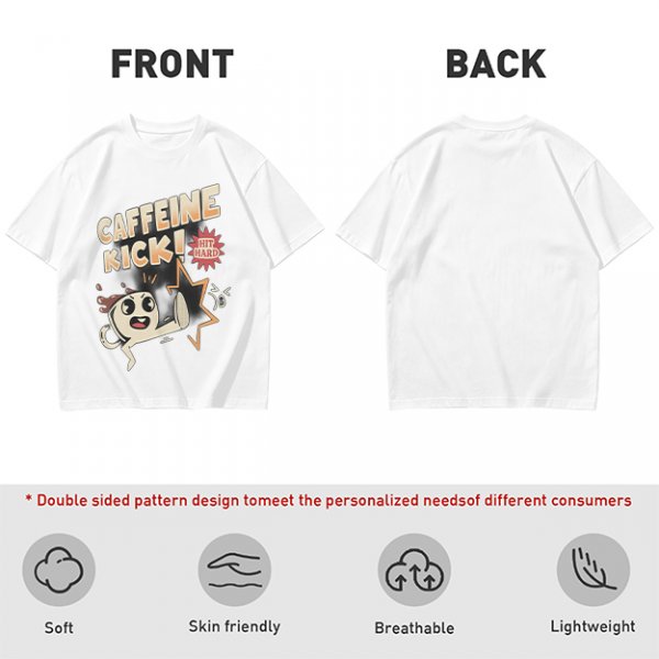 Olive graphic tee with caffeine kick cartoon coffee cup design