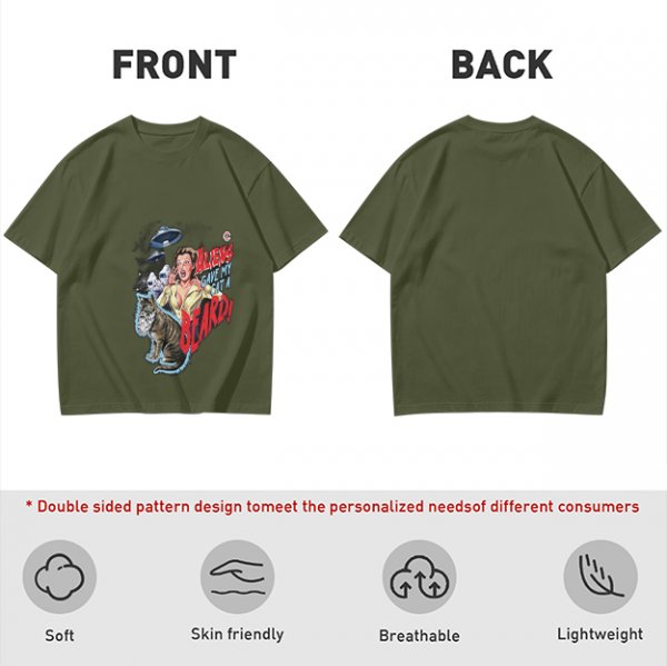 Olive Graphic T-Shirt With Aliens Give My Cat A Beard Print