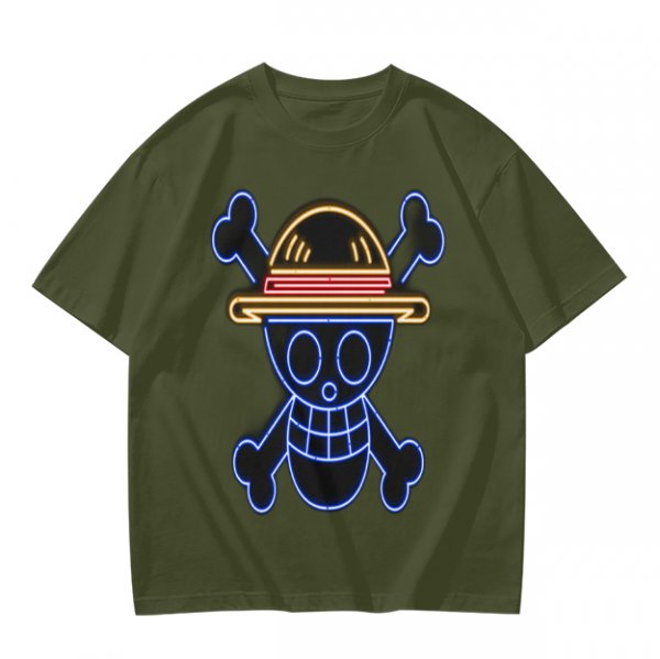 Olive T-Shirt with Neon Style Straw Hat Pirate Skull Print
