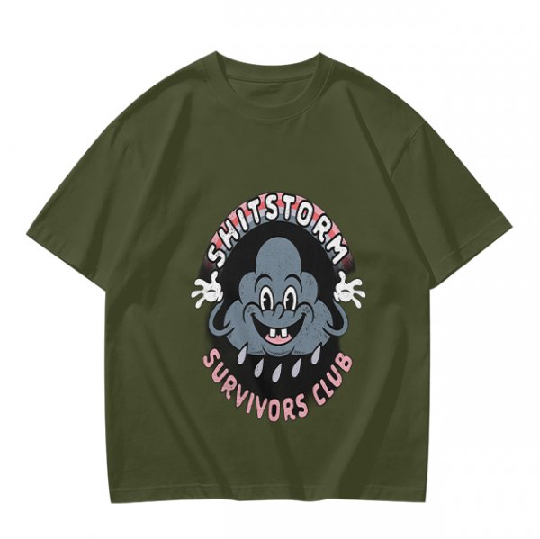 Olive Graphic T-Shirt with Shitstorm Survivors Club Cartoon Print