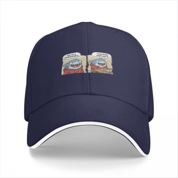Black baseball cap with funny shark seafood diet meme print