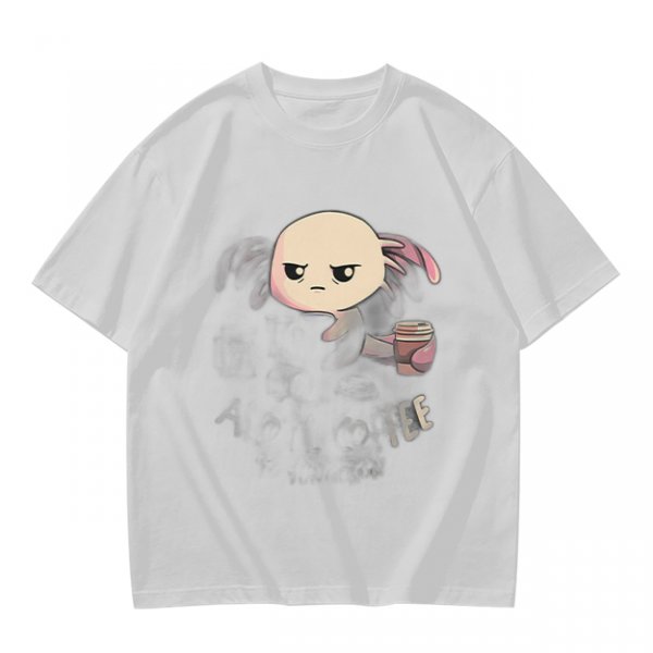 Olive T-shirt with Grumpy Axolotl Holding Coffee Print