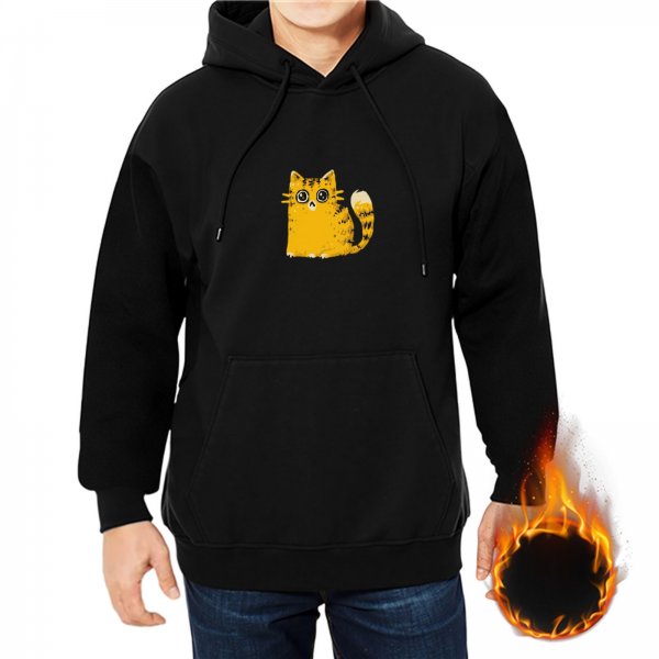 Black Hoodie With Cute Yellow Cat Graphic Print