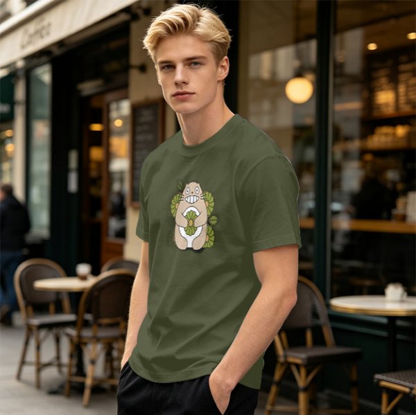 Olive Green T-Shirt With Cute Totoro And Leaf Print