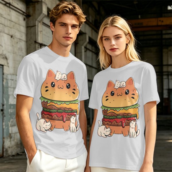 Olive T-Shirt With Cute Cat Burger And Kittens Print