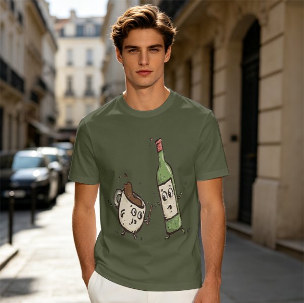 Olive T-Shirt With Cartoon Coffee Mug And Wine Bottle Print