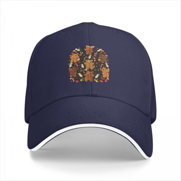 Black Baseball Cap With Christmas Gingerbread Cat Print