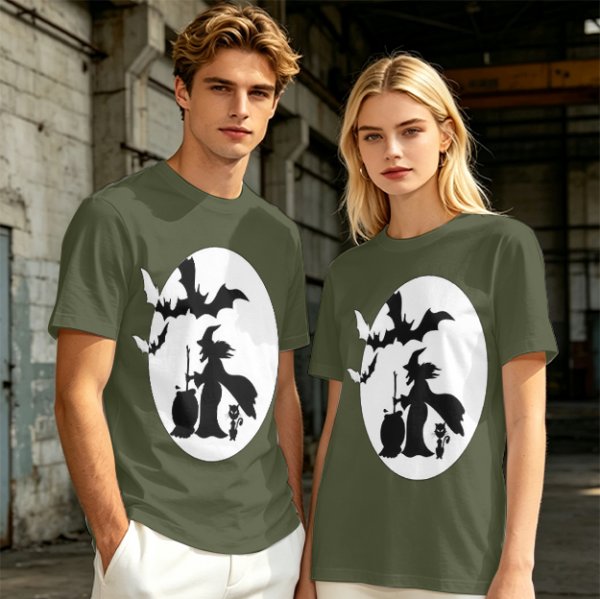 Olive Halloween Witch Silhouette Graphic Short Sleeve T-Shirt