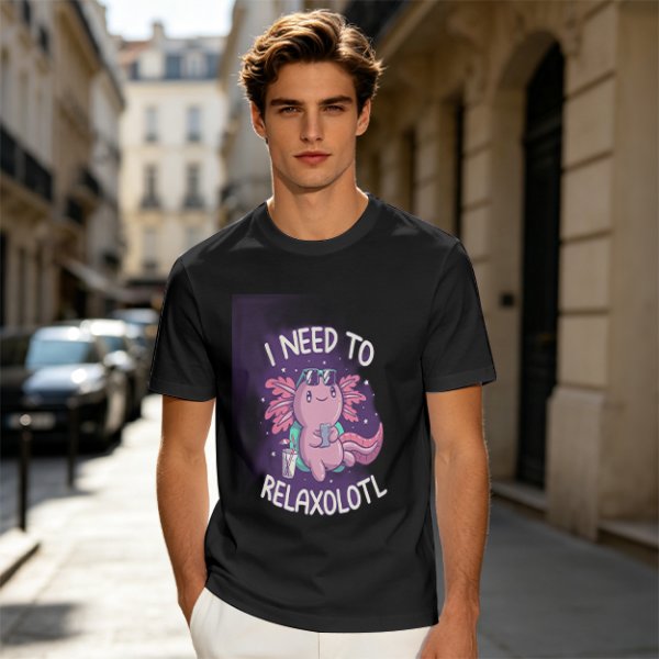 Olive t-shirt with axolotl 'I need to relaxolotl' graphic