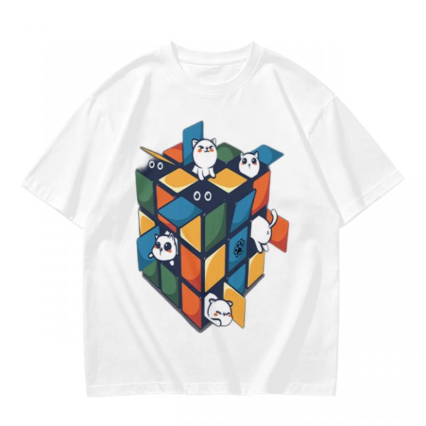 Olive T-Shirt With Cute Cats On A Rubik's Cube Graphic