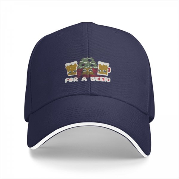 Black baseball cap with beer mugs and Christmas tree graphic FOR A BEER