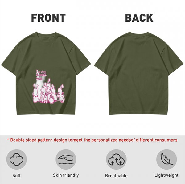 Olive Green T-Shirt With Pink Whimsical Graphic Print