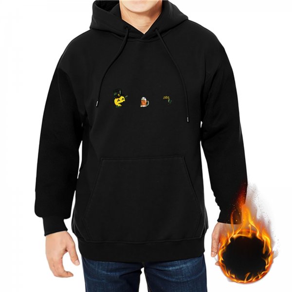 Black hoodie with small playful graphic prints on the chest