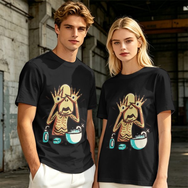 Olive T-shirt with a startled alien washing hands graphic