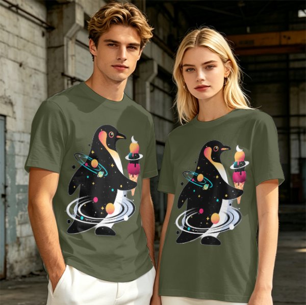 Olive T-Shirt With Cosmic Penguin And Ice Cream Print