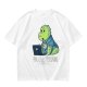 Olive t-shirt with a cartoon dinosaur working on laptop holding coffee