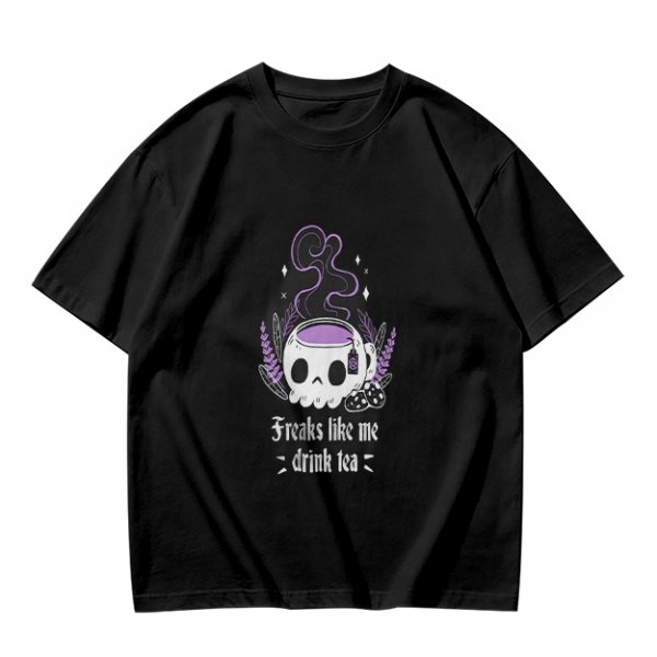 Olive graphic t-shirt with skull tea cup and 'Freaks like me drink tea' text