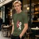 Olive T-Shirt With Cute White Cat Hugging Anatomical Heart Print