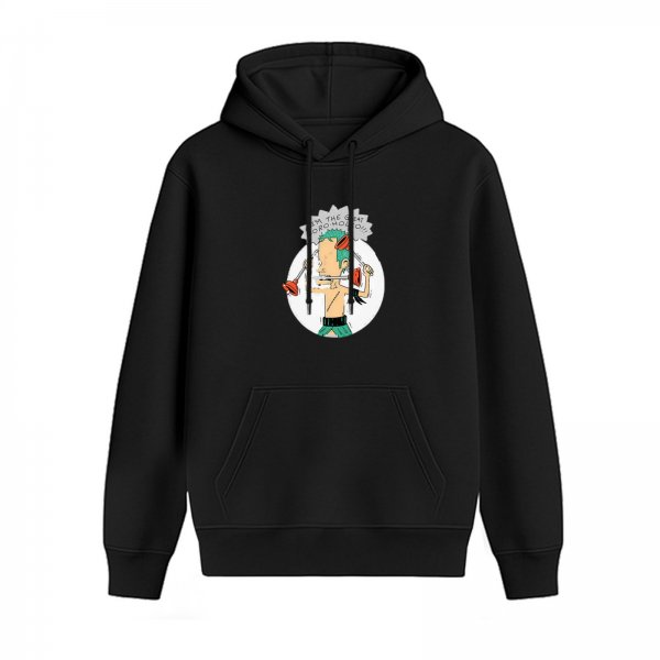 Black hoodie with cartoon pirate swordsman graphic print