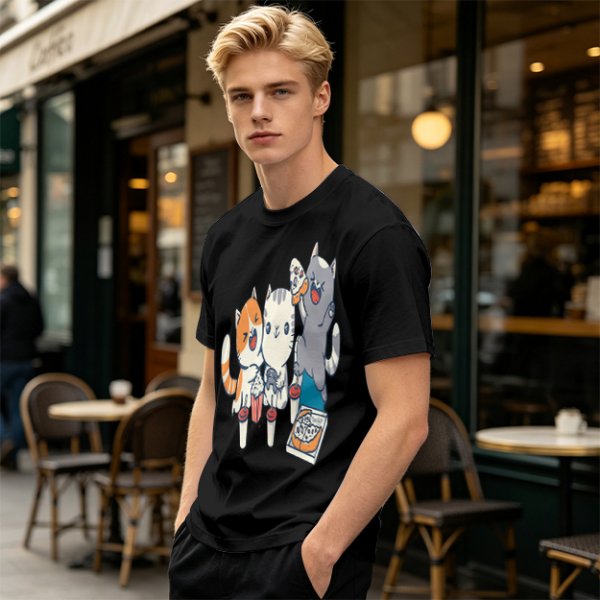 Olive T-Shirt With Cute Cats Enjoying Pizza And Snacks Print