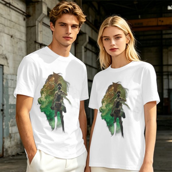 Olive Anime Graphic T-Shirt With Warrior And Giant Artwork