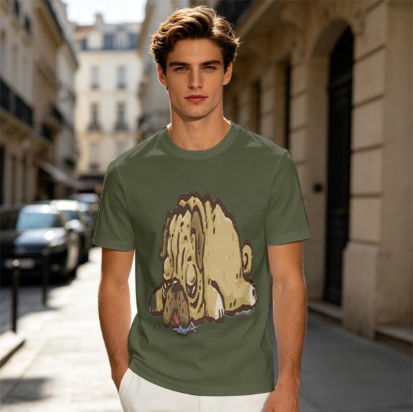 Olive Green T-Shirt With Cartoon Droopy Pug Graphic Print