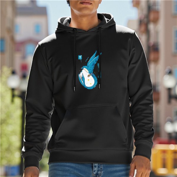 Black hoodie with blue winged celestial egg graphic print