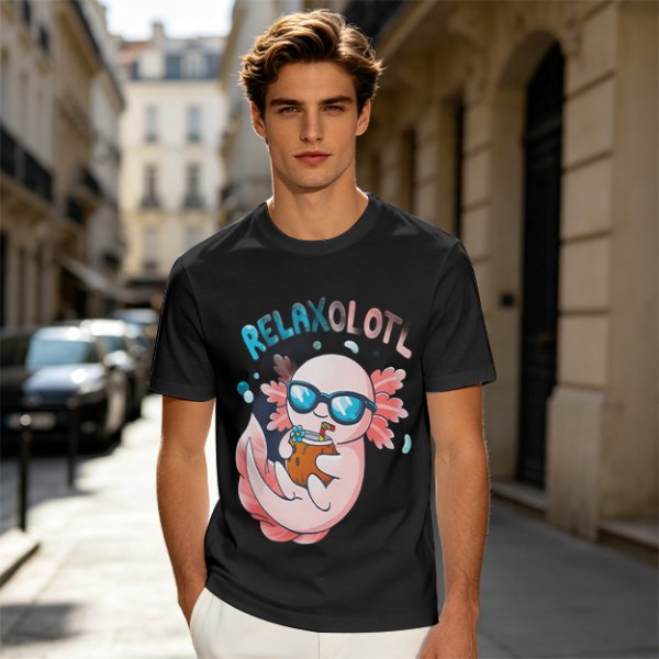 Olive t-shirt with a relaxed axolotl wearing sunglasses holding a drink