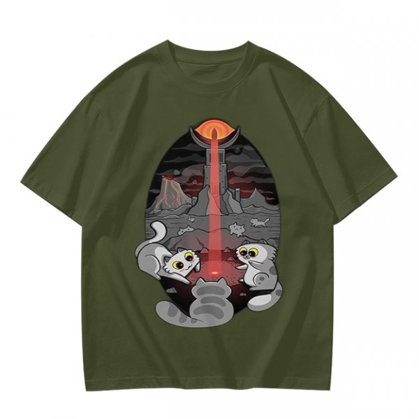 Olive T-shirt with Cat Sauron Tower Fantasy Art Print